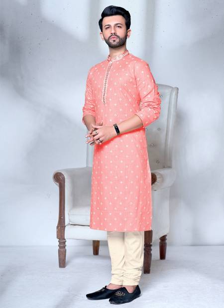 Peach Colour Vog New Exclusive Fancy Festive Wear Cotton Embroidery Kurta Pajama Mens Collection VOG-KP-3